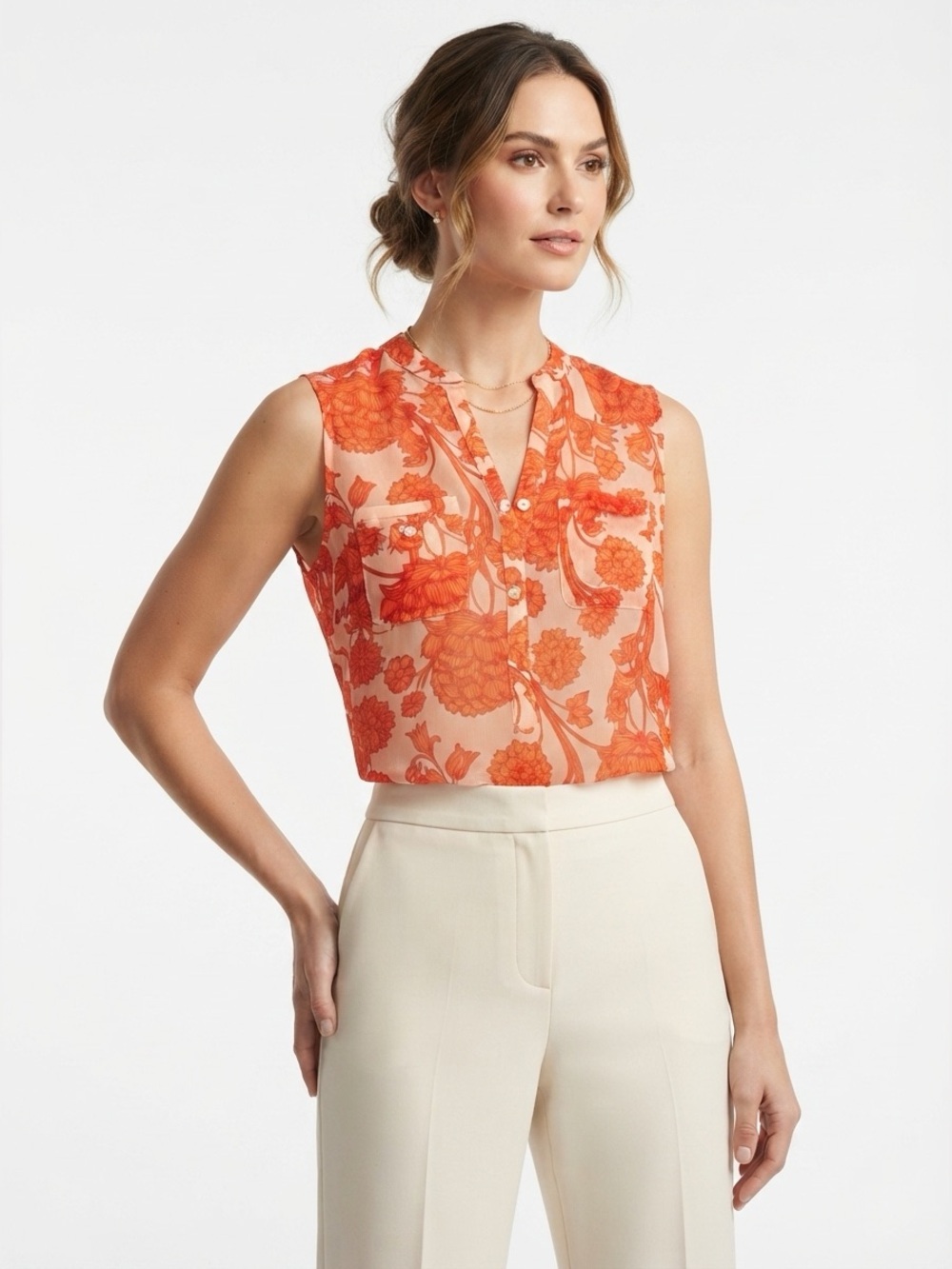 Covington Sleeveless Blouse Burnt Orange Floral Sheer Fall Aesthetic M Petite